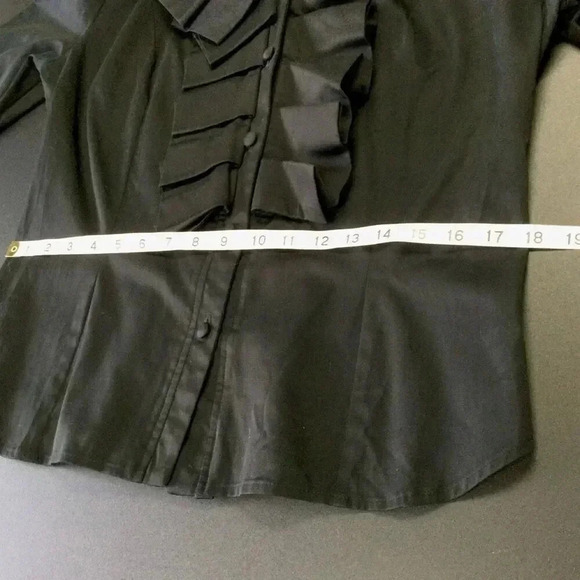 Womens Black Ruffle Trim Curved Hem Button Front Long Sleeve Blouse Size Medium - Picture 8 of 14
